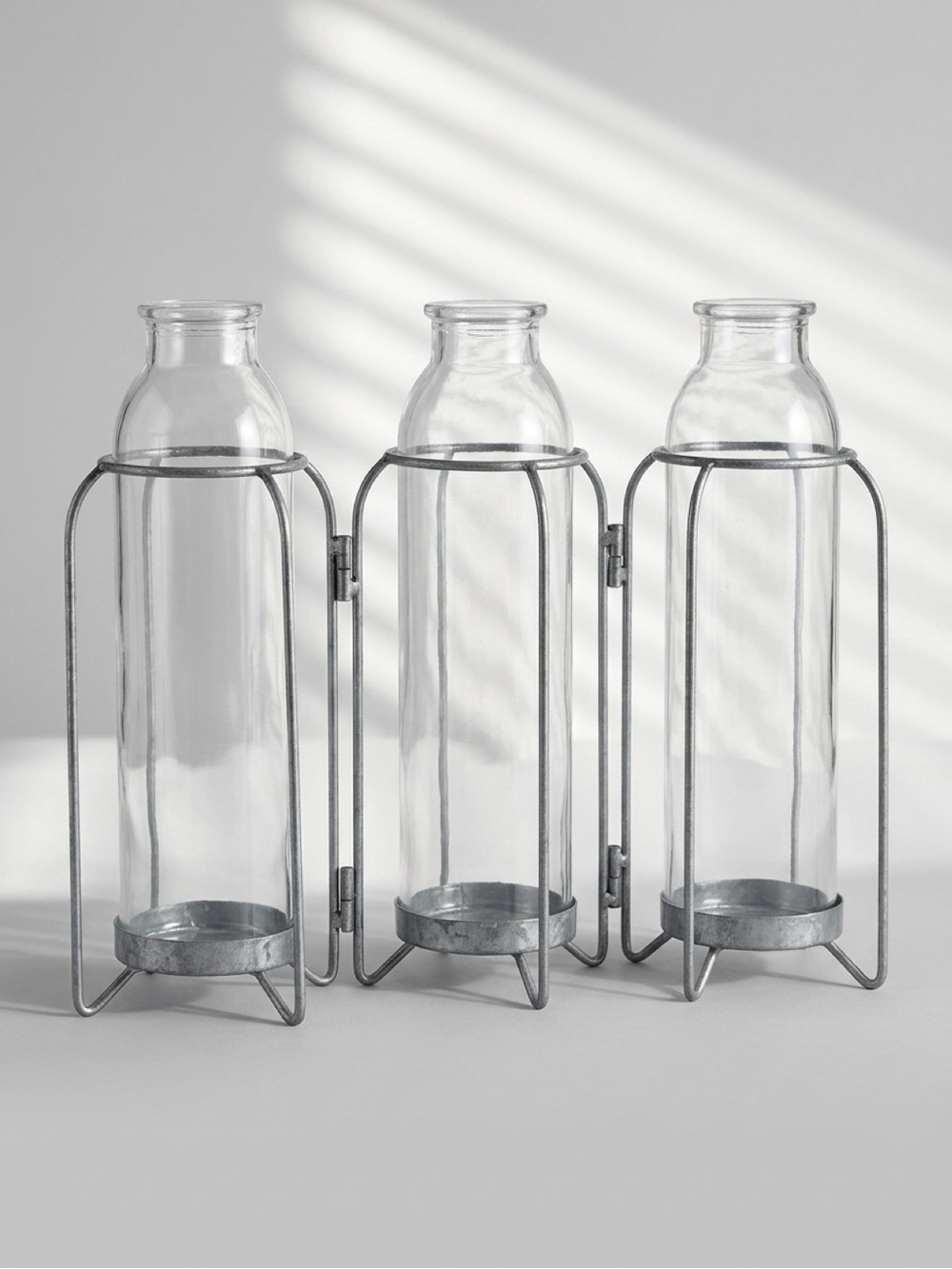 Clear Glass Bottle Trio with Hinged Metal Frames - Rustic Home Accents NWOT